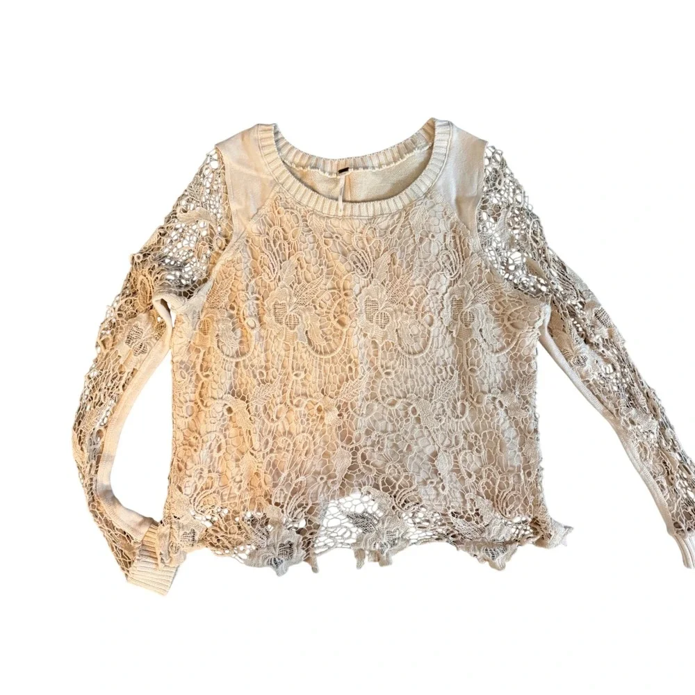 Free People Pretty Rad Crochet Lace Split Back Pullover Top Champagne Large NWOT